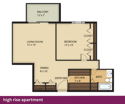 A floor plan of a high rise apartment with a living room, bedroom, dining area, kitchen, and bathroom.